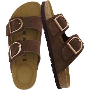 imageCUSHIONAIRE Legacy Cork Footbed Sandals for Women  Leather Double Strap Slides with Adjustable Buckles  Memory FoamBrown