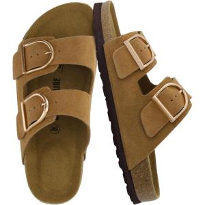 imageCUSHIONAIRE Legacy Cork Footbed Sandals for Women  Leather Double Strap Slides with Adjustable Buckles  Memory FoamCamel
