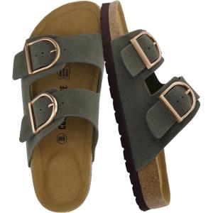 imageCUSHIONAIRE Legacy Cork Footbed Sandals for Women  Leather Double Strap Slides with Adjustable Buckles  Memory FoamKhaki