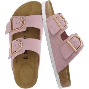 imageCUSHIONAIRE Legacy Cork Footbed Sandals for Women  Leather Double Strap Slides with Adjustable Buckles  Memory FoamPink