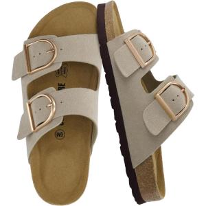 imageCUSHIONAIRE Legacy Cork Footbed Sandals for Women  Leather Double Strap Slides with Adjustable Buckles  Memory FoamStone