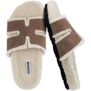 imageCUSHIONAIRE Cuddle Fur Slippers for Women Faux Shearling Slide Sandal Memory Foam Wide Widths AvailableTaupe