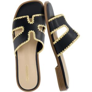 imageCUSHIONAIRE Voyage Cutout Strap Slides for Women Slip On Summer Flats Trendy Footwear Comfortable Vacation Style Sandals for Women 2025Black Woven