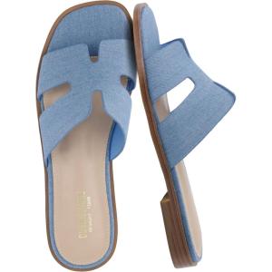 imageCUSHIONAIRE Voyage Cutout Strap Slides for Women Slip On Summer Flats Trendy Footwear Comfortable Vacation Style Sandals for Women 2025Denim