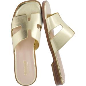 imageCUSHIONAIRE Voyage Cutout Strap Slides for Women Slip On Summer Flats Trendy Footwear Comfortable Vacation Style Sandals for Women 2025Gold