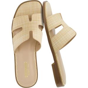 imageCUSHIONAIRE Voyage Cutout Strap Slides for Women Slip On Summer Flats Trendy Footwear Comfortable Vacation Style Sandals for Women 2025Raffia