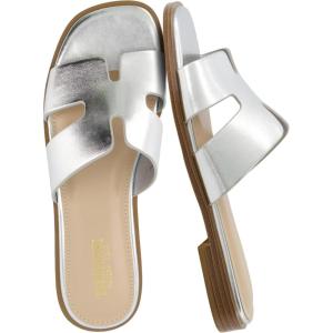 imageCUSHIONAIRE Voyage Cutout Strap Slides for Women Slip On Summer Flats Trendy Footwear Comfortable Vacation Style Sandals for Women 2025Silver