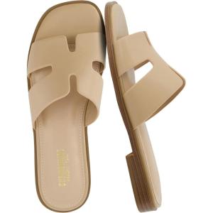 imageCUSHIONAIRE Voyage Cutout Strap Slides for Women Slip On Summer Flats Trendy Footwear Comfortable Vacation Style Sandals for Women 2025Tan