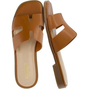 imageCUSHIONAIRE Voyage Cutout Strap Slides for Women Slip On Summer Flats Trendy Footwear Comfortable Vacation Style Sandals for Women 2025Whiskey