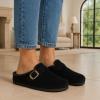 imageCUSHIONAIRE Haven Genuine Leather Clogs for Women  Faux Fur Lined SlipOn Womens Shoes with Cork Footbed and Adjustable BuckleBlack