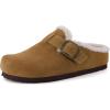 imageCUSHIONAIRE Haven Genuine Leather Clogs for Women  Faux Fur Lined SlipOn Womens Shoes with Cork Footbed and Adjustable BuckleCamel