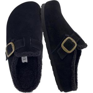 imageCUSHIONAIRE Haven Genuine Leather Clogs for Women  Faux Fur Lined SlipOn Womens Shoes with Cork Footbed and Adjustable BuckleBlack