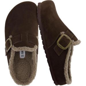 imageCUSHIONAIRE Haven Genuine Leather Clogs for Women  Faux Fur Lined SlipOn Womens Shoes with Cork Footbed and Adjustable BuckleBrown