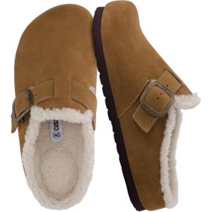 imageCUSHIONAIRE Haven Genuine Leather Clogs for Women  Faux Fur Lined SlipOn Womens Shoes with Cork Footbed and Adjustable BuckleCamel