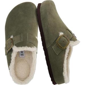 imageCUSHIONAIRE Haven Genuine Leather Clogs for Women  Faux Fur Lined SlipOn Womens Shoes with Cork Footbed and Adjustable BuckleKhaki
