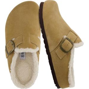 imageCUSHIONAIRE Haven Genuine Leather Clogs for Women  Faux Fur Lined SlipOn Womens Shoes with Cork Footbed and Adjustable BuckleSand