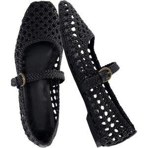 imageCUSHIONAIRE Weston Womens Hand Woven Dressy Ballet Flats  Faux Leather Mary Jane with Adjustable Strap ampamp Memory FoamBlack Woven