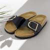 imageCUSHIONAIRE Leeds Sandals for Women Slip On Big Buckle Slide Womens Sandals with Memory Foam Footbed Comfortable Summer FootwearBlack
