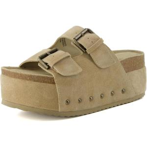 imageCUSHIONAIRE Guru Platform Sandals Women Footwear  Comfortable Genuine Leather Footbed Studded Chunky Slide Summer Sandals for Women 2025Suede Khaki