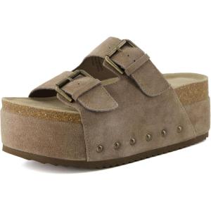 imageCUSHIONAIRE Guru Platform Sandals Women Footwear  Comfortable Genuine Leather Footbed Studded Chunky Slide Summer Sandals for Women 2025Suede Taupe