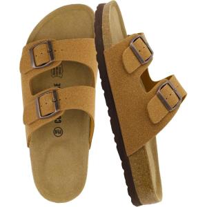 imageCUSHIONAIRE Lane Cork Footbed Sandals for Women  Comfortable Double Buckle SlipOn with Genuine Suede Footbed ampamp Arch Support Slides for Women FootwearTan Vegan Suede
