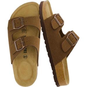 imageCUSHIONAIRE Lane Cork Footbed Sandals for Women  Comfortable Double Buckle SlipOn with Genuine Suede Footbed ampamp Arch Support Slides for Women FootwearBrown Vegan Suede
