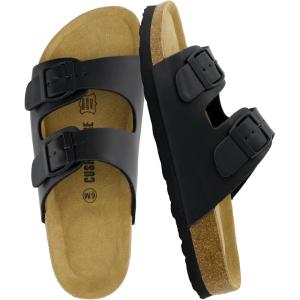 imageCUSHIONAIRE Lane Cork Footbed Sandals for Women  Comfortable Double Buckle SlipOn with Genuine Suede Footbed ampamp Arch Support Slides for Women FootwearBlack Oily