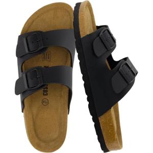 imageCUSHIONAIRE Lane Cork Footbed Sandals for Women  Comfortable Double Buckle SlipOn with Genuine Suede Footbed ampamp Arch Support Slides for Women FootwearBlack Nappa