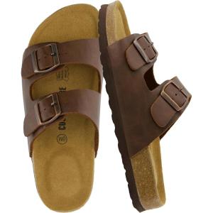 imageCUSHIONAIRE Lane Cork Footbed Sandals for Women  Comfortable Double Buckle SlipOn with Genuine Suede Footbed ampamp Arch Support Slides for Women FootwearBrown Oily