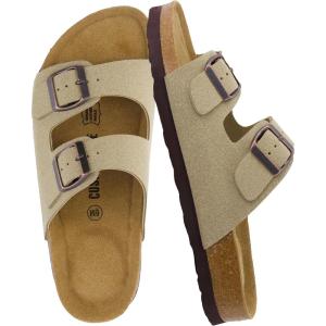 imageCUSHIONAIRE Lane Cork Footbed Sandals for Women  Comfortable Double Buckle SlipOn with Genuine Suede Footbed ampamp Arch Support Slides for Women FootwearTaupe Vegan Suede