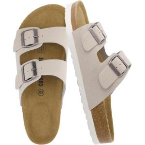 imageCUSHIONAIRE Lane Cork Footbed Sandals for Women  Comfortable Double Buckle SlipOn with Genuine Suede Footbed ampamp Arch Support Slides for Women FootwearStone Vegan Suede