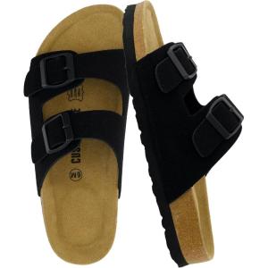 imageCUSHIONAIRE Lane Cork Footbed Sandals for Women  Comfortable Double Buckle SlipOn with Genuine Suede Footbed ampamp Arch Support Slides for Women FootwearBlack Vegan Suede