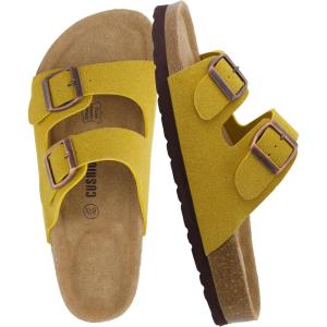imageCUSHIONAIRE Lane Cork Footbed Sandals for Women  Comfortable Double Buckle SlipOn with Genuine Suede Footbed ampamp Arch Support Slides for Women FootwearYellow Vegan Suede