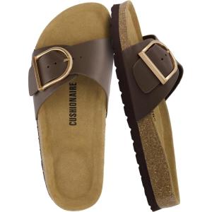 imageCUSHIONAIRE Leeds Sandals for Women Slip On Big Buckle Slide Womens Sandals with Memory Foam Footbed Comfortable Summer FootwearBrown