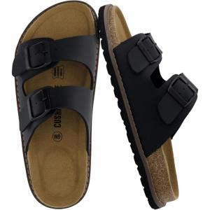 imageCUSHIONAIRE Plano SlipOn Sandals for Women with Arch Support Adjustable Buckle Straps and Stitched Outsole  Casual Flat Summer Womens SandalsBlack Nappa