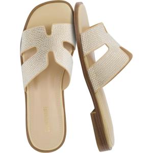 imageCUSHIONAIRE Voyage Cutout Strap Slides for Women Slip On Summer Flats Trendy Footwear Comfortable Vacation Style Sandals for Women 2025Embellish Tan