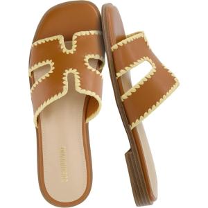 imageCUSHIONAIRE Voyage Cutout Strap Slides for Women Slip On Summer Flats Trendy Footwear Comfortable Vacation Style Sandals for Women 2025Whiskey Woven