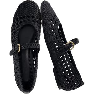 imageCUSHIONAIRE Windsor Woven Womens Flats with Adjustable Strap  Comfortable Mary Jane Ballet Flats for WomenBlack