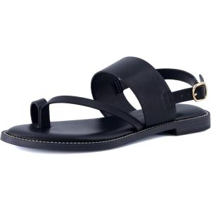 imageCUSHIONAIRE Leader Womens Strappy Sandal  Premium Faux Leather Toe Loop Flat with Adjustable Ankle Strap ampamp Cushioned FootbedBlack