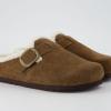 imageCUSHIONAIRE Haven Genuine Leather Clogs for Women  Faux Fur Lined SlipOn Womens Shoes with Cork Footbed and Adjustable BuckleMid Brown