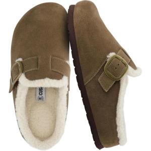 imageCUSHIONAIRE Haven Genuine Leather Clogs for Women  Faux Fur Lined SlipOn Womens Shoes with Cork Footbed and Adjustable BuckleDark Taupe