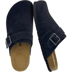 imageCUSHIONAIRE Hugo Genuine Leather Suede Clogs for Men  Comfortable Slip On Shoes with Adjustable Buckle Closed Toe Mens SlidesBlack