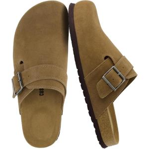 imageCUSHIONAIRE Hugo Genuine Leather Suede Clogs for Men  Comfortable Slip On Shoes with Adjustable Buckle Closed Toe Mens SlidesBrown