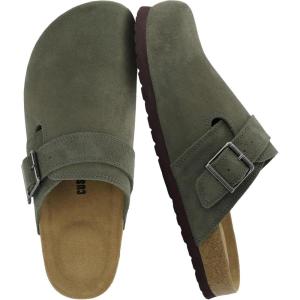 imageCUSHIONAIRE Hugo Genuine Leather Suede Clogs for Men  Comfortable Slip On Shoes with Adjustable Buckle Closed Toe Mens SlidesOlive
