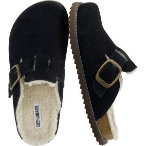 imageCUSHIONAIRE Blain Fur Genuine Suede Clogs for Women Cozy SlipOn Womens Slippers with Detailed Stitching and Memory Foam ComfortBlack