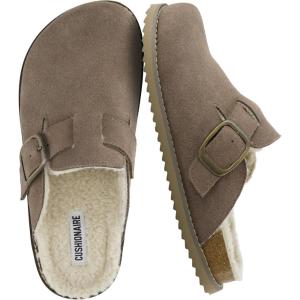 imageCUSHIONAIRE Blain Fur Genuine Suede Clogs for Women Cozy SlipOn Womens Slippers with Detailed Stitching and Memory Foam ComfortTaupe
