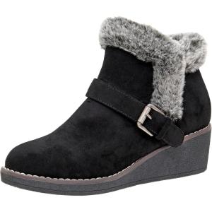 imageCUSHIONAIRE Womens Rhodes Faux Suede Winter Booties  Fur Boots for Women with Memory Foam Comfy Boots with Faux Fur Side Zipper 2Inch Wedge Heel Wide Widths AvailableBlack