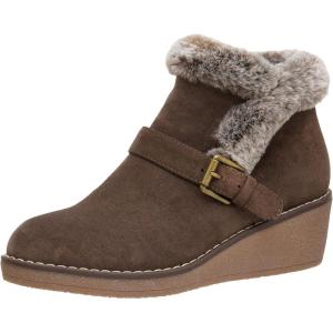 imageCUSHIONAIRE Womens Rhodes Faux Suede Winter Booties  Fur Boots for Women with Memory Foam Comfy Boots with Faux Fur Side Zipper 2Inch Wedge Heel Wide Widths AvailableTaupe
