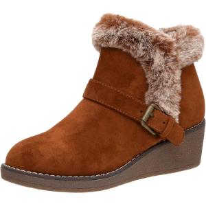 imageCUSHIONAIRE Womens Rhodes Faux Suede Winter Booties  Fur Boots for Women with Memory Foam Comfy Boots with Faux Fur Side Zipper 2Inch Wedge Heel Wide Widths AvailableChestnut