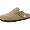 imageCUSHIONAIRE Hamlet Genuine Leather Suede Clogs for Women Slip On Shoes with Detailed Metal Buckle Strap and Memory Foam FootbedBeige
